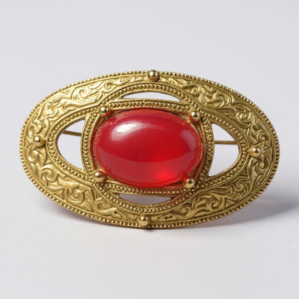 Vintage Ruby Red Cabochon Ornate Gold Tone Oval Brooch Pin